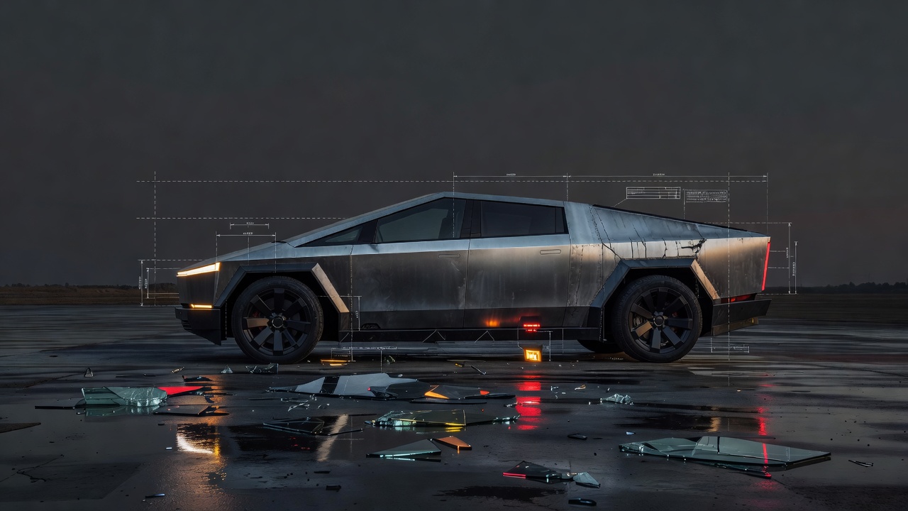 Editorial illustration of a Tesla Cybertruck rendered as a case-file exhibit: angular stainless body under cold studio light, framed by measurement grid lines